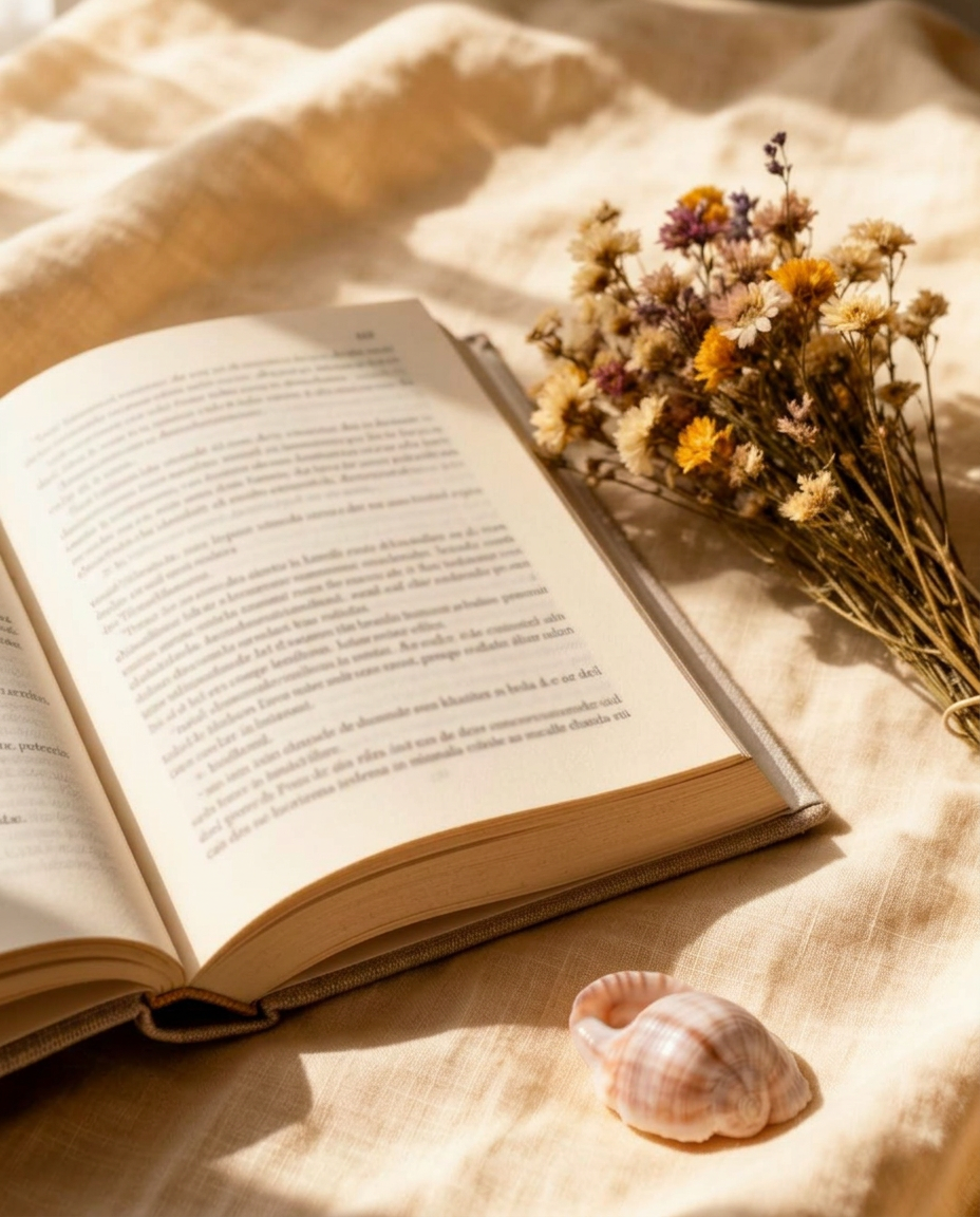 An open book on warm linen with dried wildflowers and a small shell