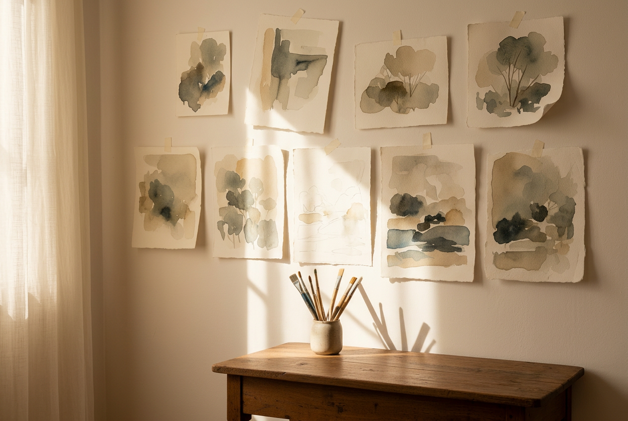 Layered watercolor paper studies pinned to a wall above a wooden table