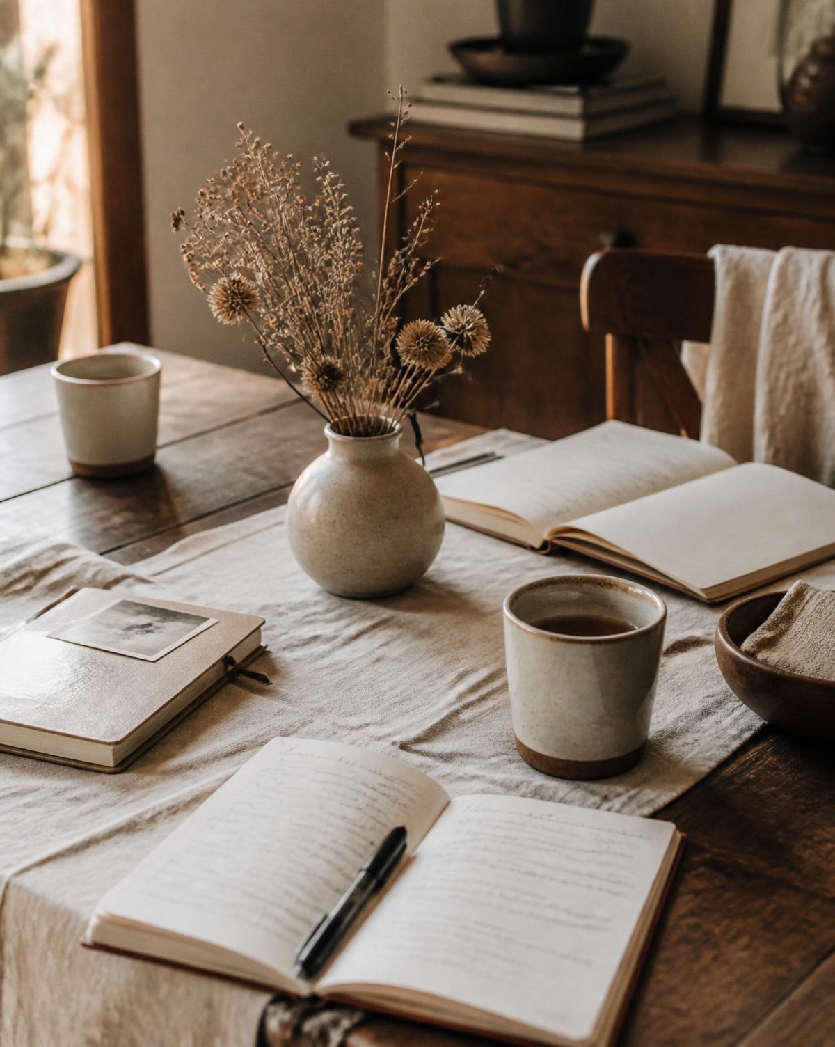 An ivory linen table set for a small quiet gathering with open notebooks, ceramic cups, and dried stems in morning light