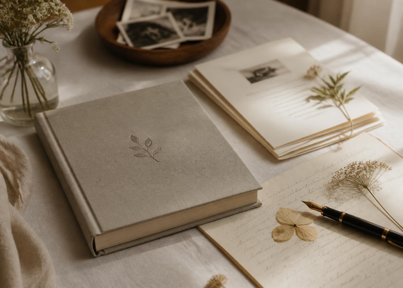 A cloth bound memorial keepsake book beside handwritten pages, a fountain pen, and pressed dried flowers on ivory linen