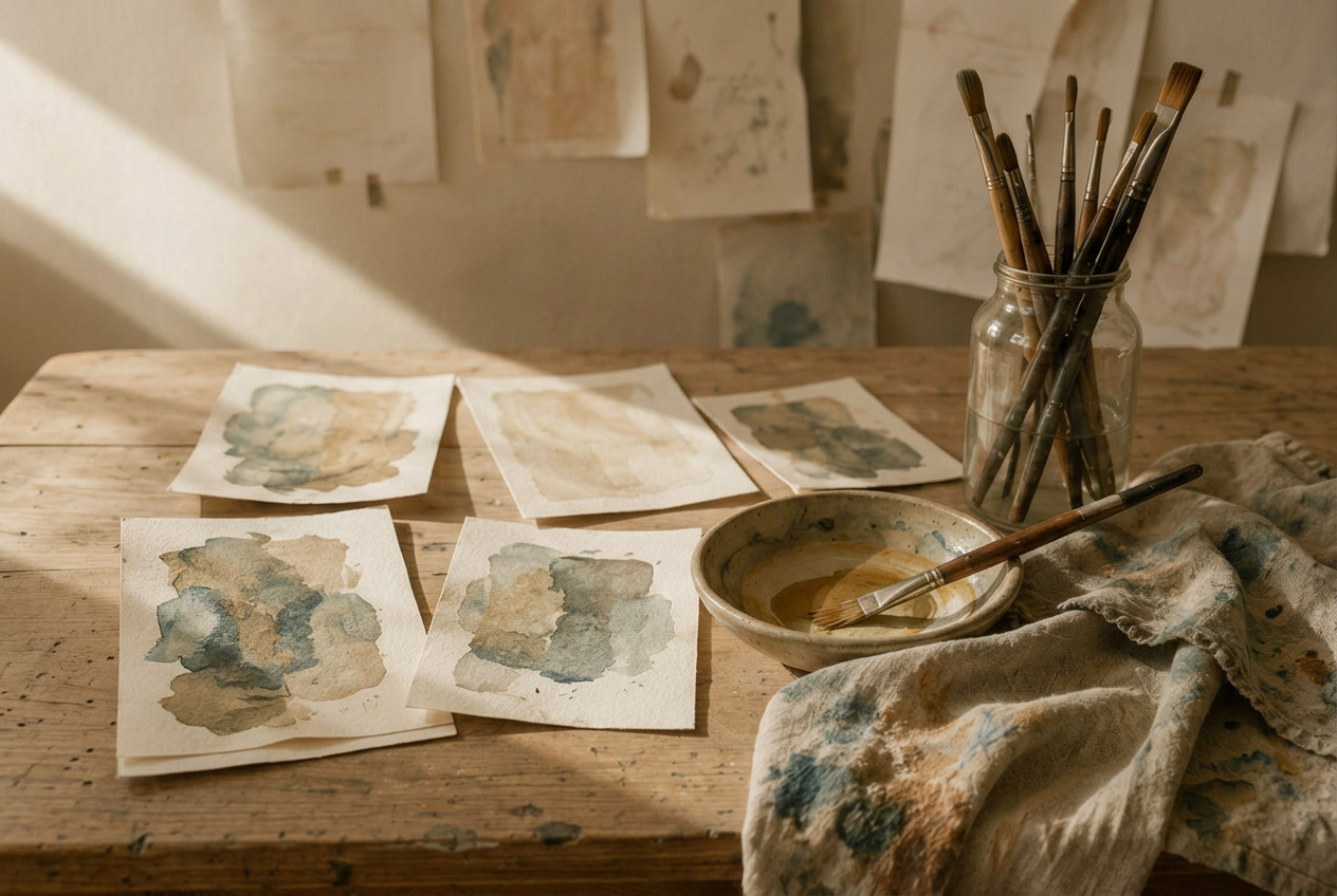 A quiet studio corner with stacked watercolor paper studies, pale shells, and a glass jar of brushes in soft morning light